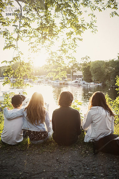 Rear view of male and female teenagers sitting at lakeshore