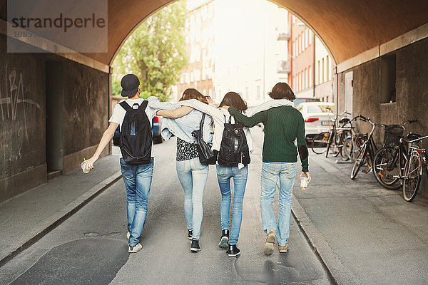 Rear view of teenagers with arms around walking in tunnel