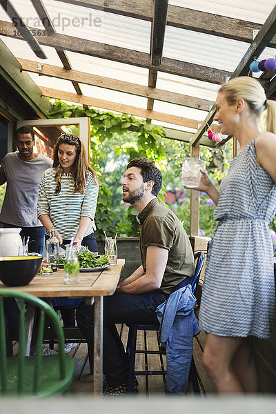 Happy friends enjoying summer party at log cabin