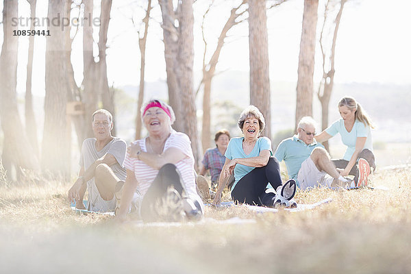 Lächelnde Senioren beim Yoga im sonnigen Park