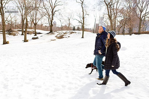 Junges Paar spaziert mit Hund im Schnee herum  Central Park  New York  USA