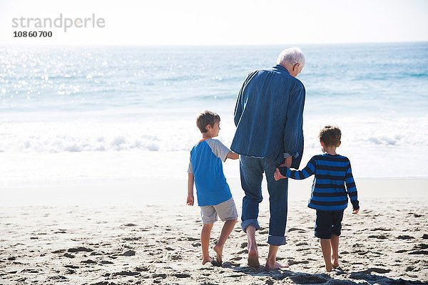 Grossvater mit zwei Enkeln  Strandspaziergang  Rückansicht