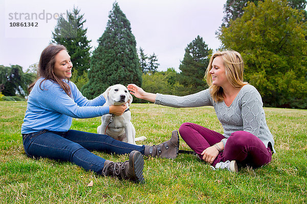 Zwei junge Frauen spielen mit Hund im Park
