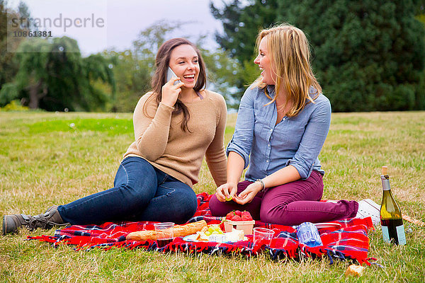 Zwei junge Frauen beim Picknick im Park mit einem Smartphone