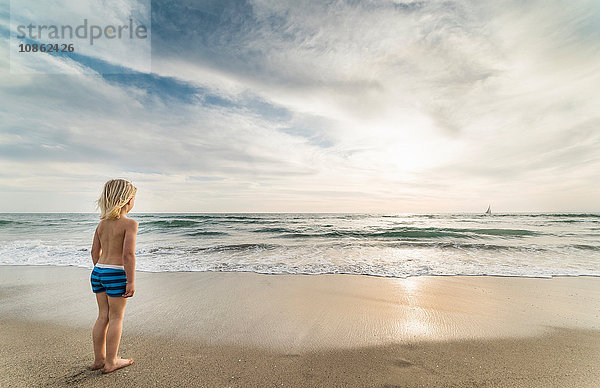 Junge schaut von Venice Beach  Kalifornien  USA  aufs Meer hinaus