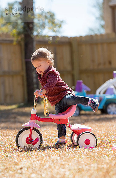 Weibliches Kleinkind spielt auf Dreirad im Garten