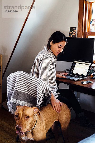 Frau sitzt mit Laptop und streichelt Hund