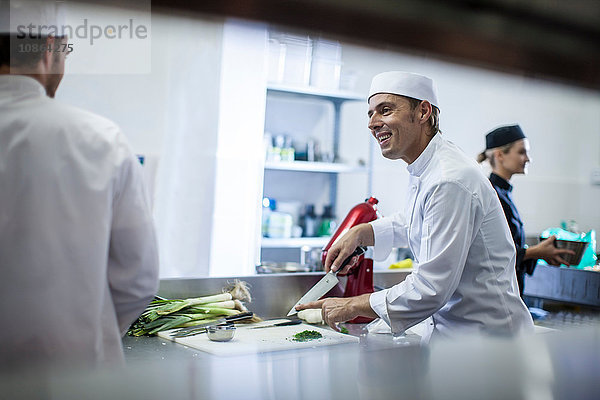 Köche unterhalten sich und bereiten das Essen in der Küche vor