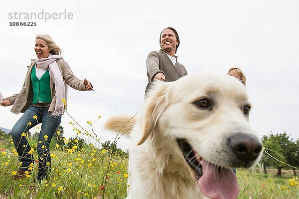 Glückliche Familie rennt mit Hund im Park