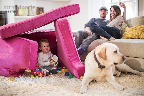 Babyjunge und Haushund spielen in einer Festung aus Sofakissen