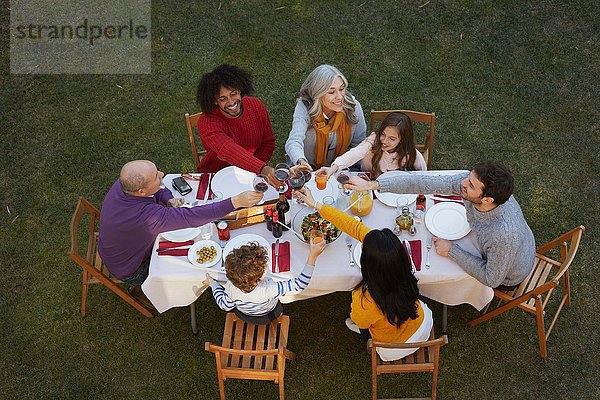 Draufsicht auf eine Mehrgenerationen-Familie  die im Freien speist und lächelnd anstößt