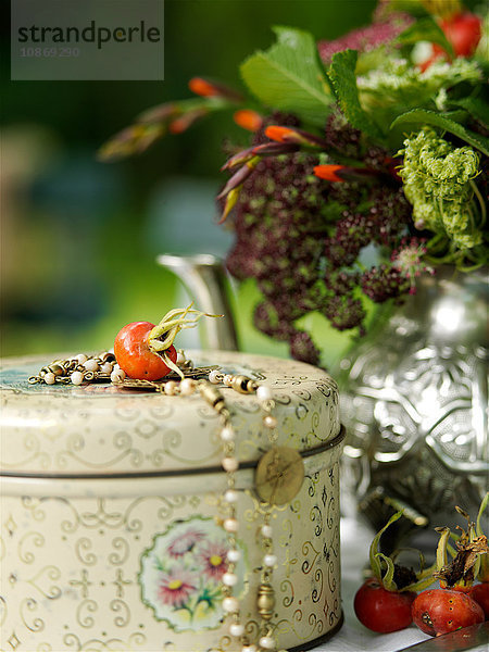 Stilleben von Hagebutte und Halskette auf Blech und Teekannenblumengesteck im Garten