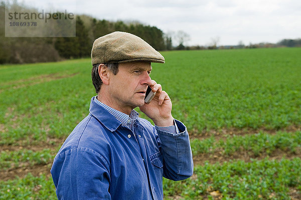 Landwirt mit flacher Mütze spricht auf dem Feld mit Smartphone