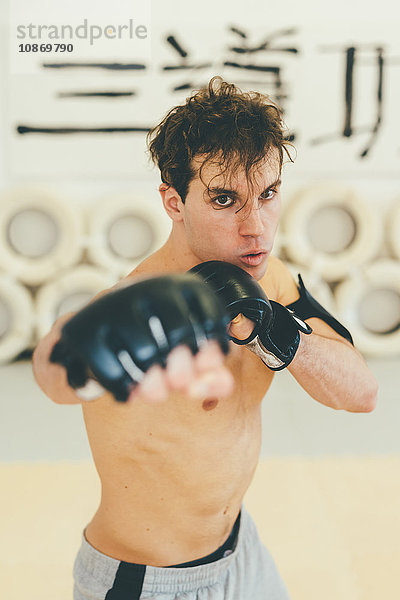 Mann trägt Kickboxhandschuhe in Sparringstellung und schaut in die Kamera