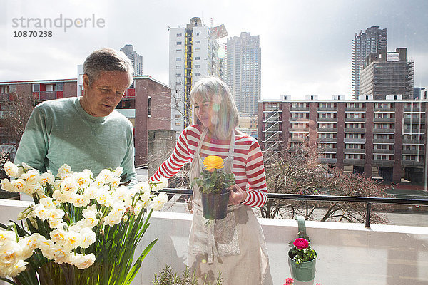 Ehepaar gärtnert auf dem Balkon