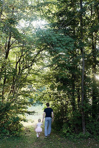 Vater und Tochter beim Waldspaziergang  Rückansicht