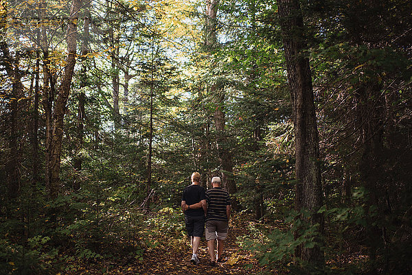 Älteres Ehepaar beim Waldspaziergang  Rückansicht