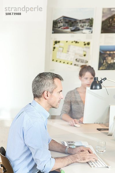 Blick durch Glas  Seitenansicht eines reifen Mannes im Büro am Computer