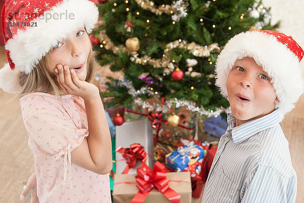 Mädchen und Junge mit Weihnachtsmannhüten vor dem Weihnachtsbaum  die aufgeregt in die Kamera schauen