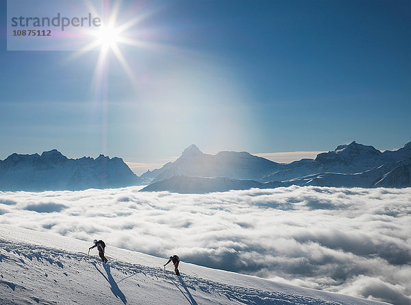 Zwei Bergsteiger auf einem verschneiten Hang über einem Nebelmeer in einem Alpental  Alpen  Kanton Wallis  Schweiz