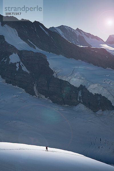 Einsamer Bergsteiger auf einem Gletscher  der von der Jungfrau herabsteigt  Alpen  Kanton Bern  Schweiz