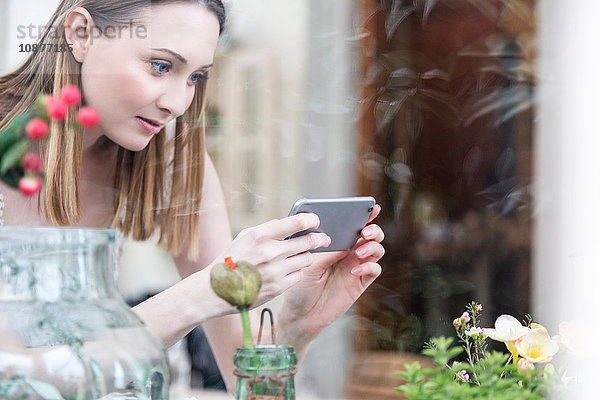 Blick durch das Glas einer Frau  die mit einem Smartphone Pflanzen fotografiert