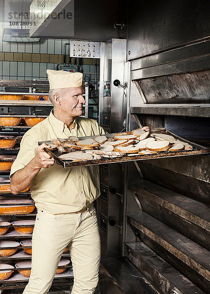 Fröhlicher Bäcker schiebt das Blech mit dem geschnittenen Brot in den Ofen