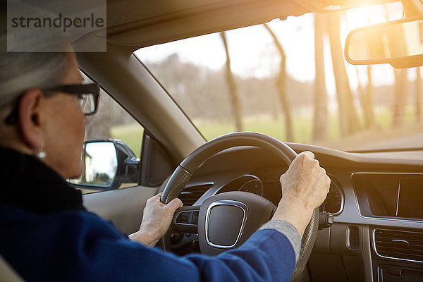 Blick über die Schulter einer Frau im Auto auf einer von Bäumen gesäumten Straße