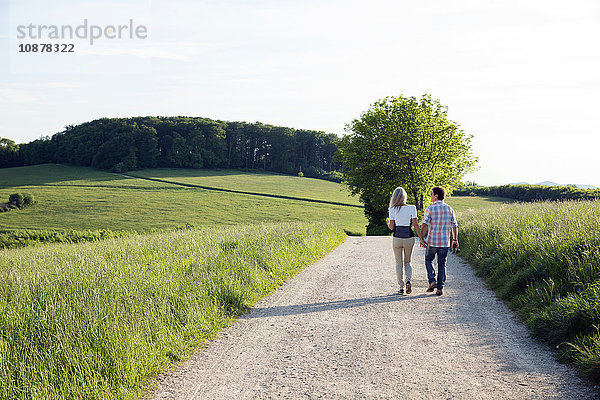 Rückansicht eines erwachsenen Paares beim Spaziergang auf dem Feldweg