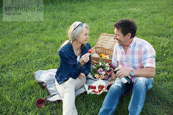 Reifes Paar auf Gras beim Picknick lächelnd