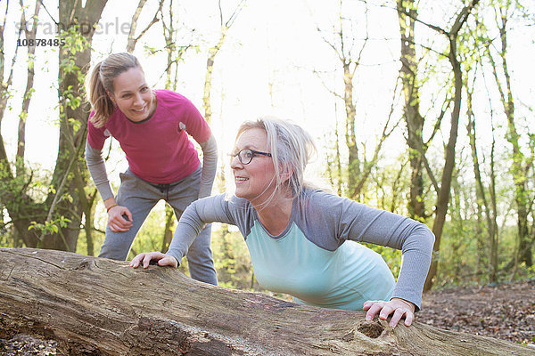 Frauen im Wald drücken sich gegen umgefallenen Baum