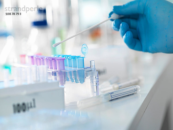 Wissenschaftlerin  die einen DNA-Abstrich für die Analyse in einem Labor für forensische oder Vaterschaftstests vorbereitet