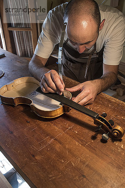Luthier making measurements during the manufacture of a violin in his workshop