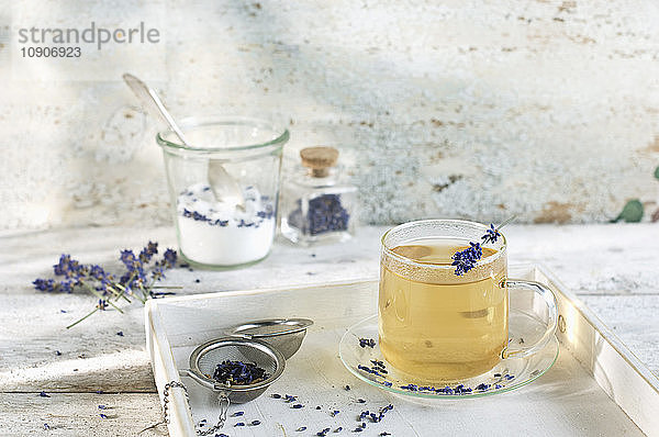 Lavender tea in glass cup