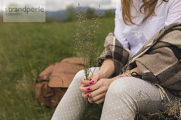 Woman sitting on a meadow holding grasses in her hands  partial view