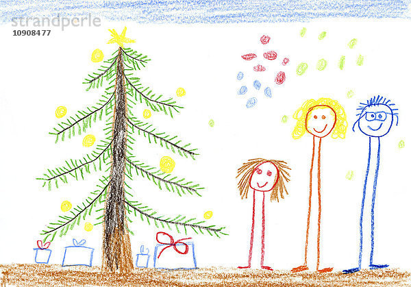 Kinderzeichnung  glückliche Familie  Weihnachtsbaum und Geschenke