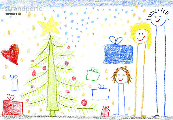 Kinderzeichnung  glückliche Familie  Weihnachtsbaum und Geschenke