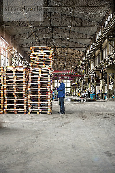 Manager in factory hall looking at stack of pallets