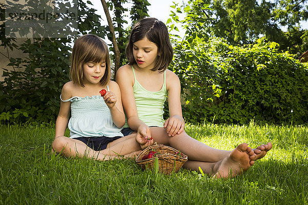 Zwei Schwestern sitzen zusammen auf einer Wiese und essen Erdbeeren.