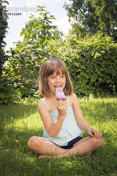 Porträt eines glücklichen kleinen Mädchens  das auf einer Wiese sitzt und Heidelbeereis isst.