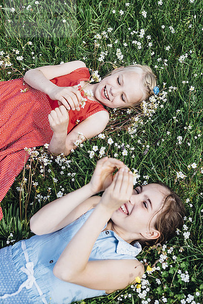 Zwei glückliche Mädchen auf der Blumenwiese liegend