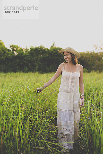 Lächelnde Frau im Sommerkleid und Hut in der Natur