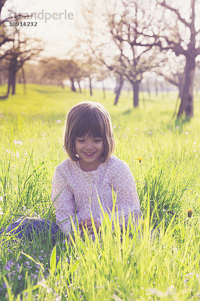 Porträt eines lächelnden kleinen Mädchens auf einer Wiese im Frühling
