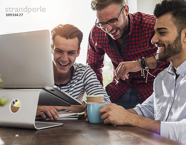 Drei glückliche junge Profis teilen sich den Laptop im Büro