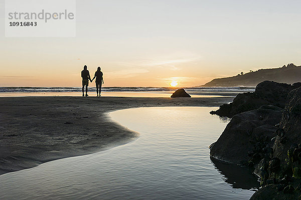 Silhouette eines Paares  das Hand in Hand am Strand steht und den Sonnenuntergang betrachtet.