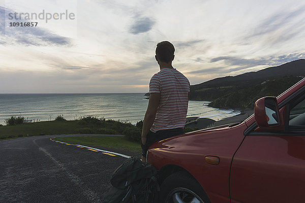 Rückansicht eines Touristen  der sich gegen das Auto lehnt und auf das Meer blickt.