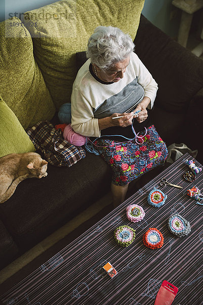 Häkelnde Seniorin auf der Couch neben ihrer schlafenden Katze sitzend