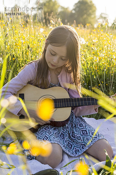 Porträt eines kleinen Mädchens  das auf einem Blumenfeld Gitarre spielt.