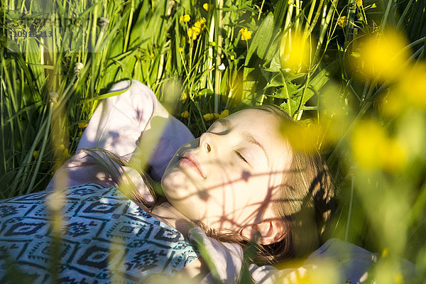 Porträt eines kleinen Mädchens  das sich auf einem Blumenfeld entspannt.