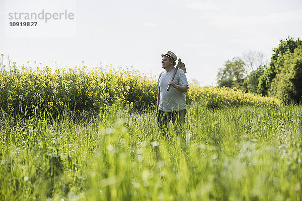 Landwirt mit Hacke am Rapsfeld